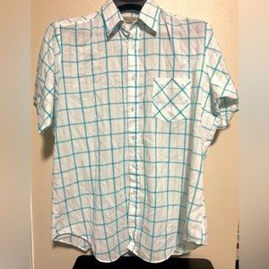 Vintage Mens checkered White and Turquoise Plaid Button down Short Sleeve size L